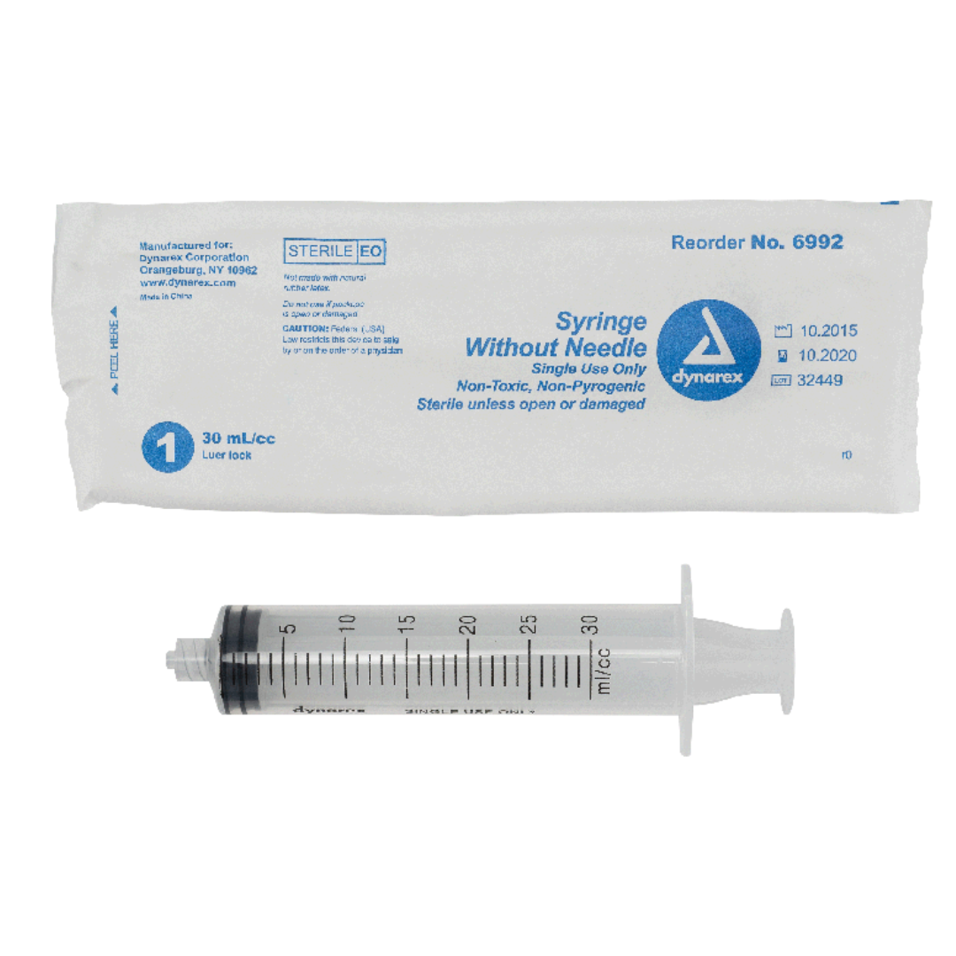 A sterile, disposable Dynarex Syringes Without Needle (30 mL/cc) is displayed with its unopened packaging, which highlights medication dosing accuracy, the Dynarex logo, and reorder number.
